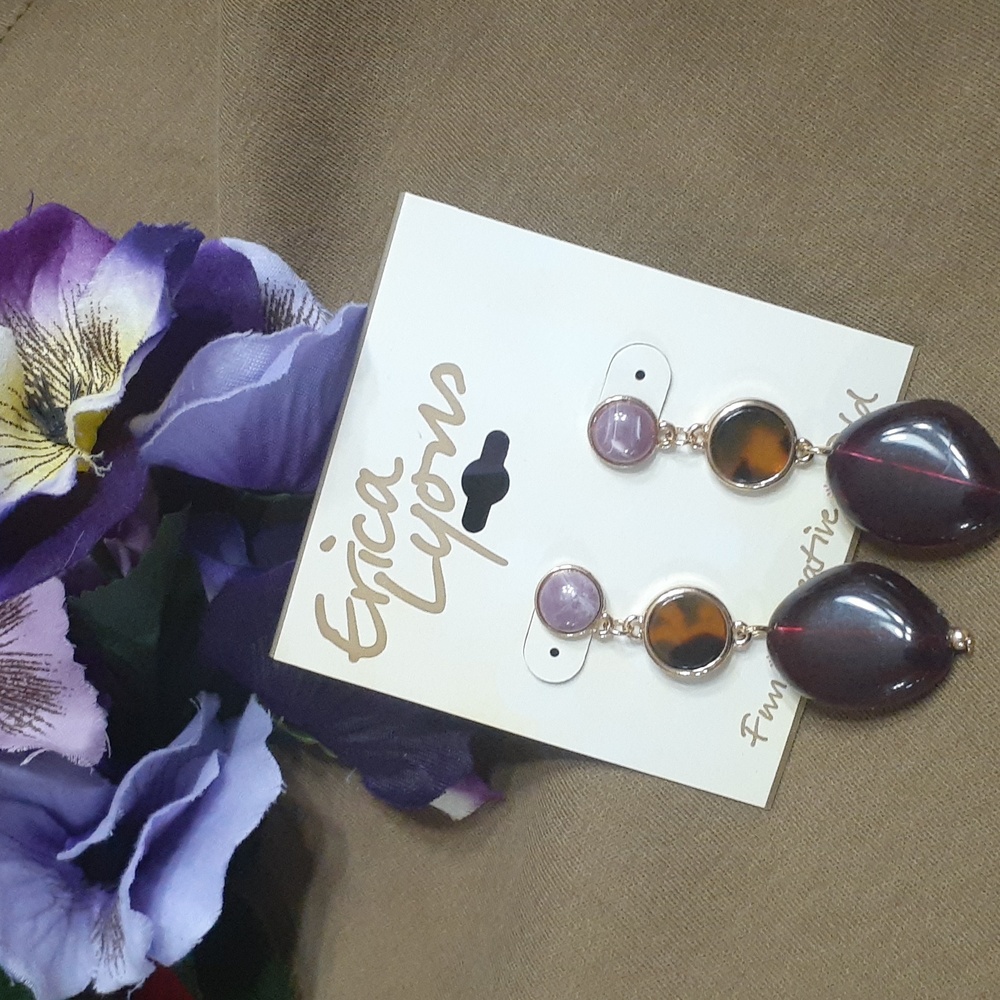 ERICA LYONS Gold Tone Purple & Tiger's Eye Dangly Earrings - SO CUTE!